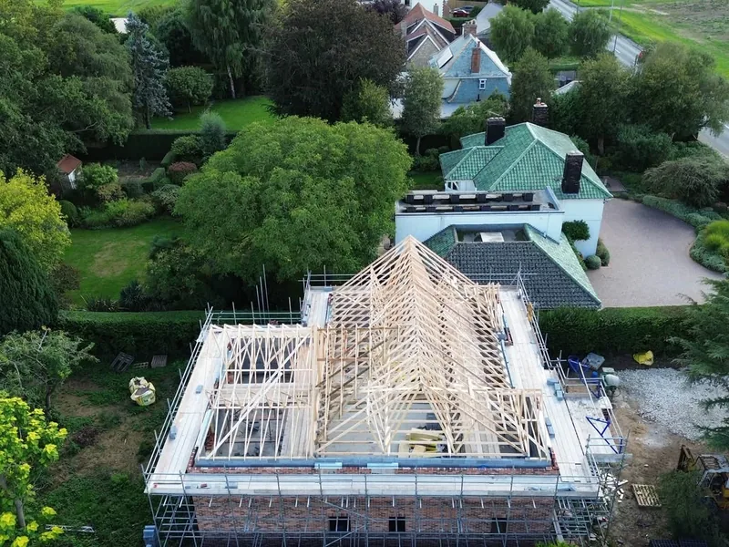 Drone view of the full trussed roof structure on a five bedroom house on the outskirts of Boston