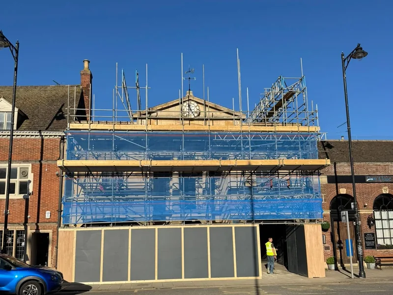Roof works under way on the Bourne Town Hall renovation by AJB Group carpenters