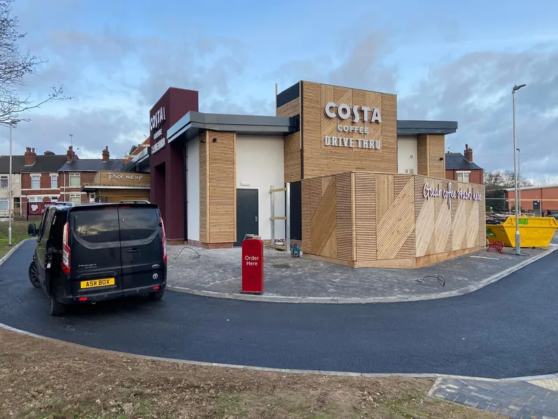 Costa drive-thru at Hemsworth retail park clad in British red cedar by AJB Group