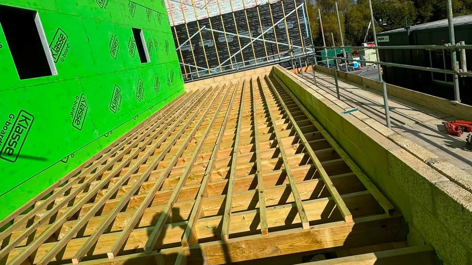 Treated 8x2 joists at 300mm centres across the cycle store and plant room at Hinchingbrooke Hospital, Huntingdon