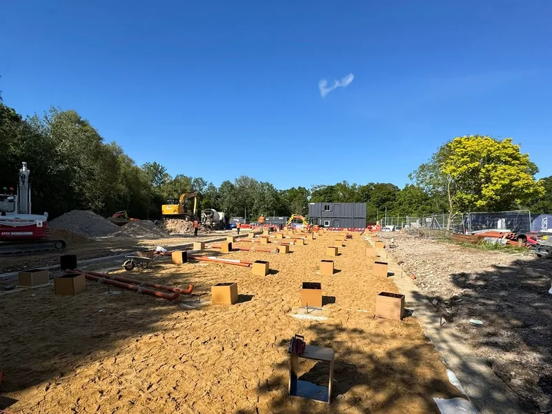 Formwork braced and levelled before 58 pours at Hinchingbrooke Hospital