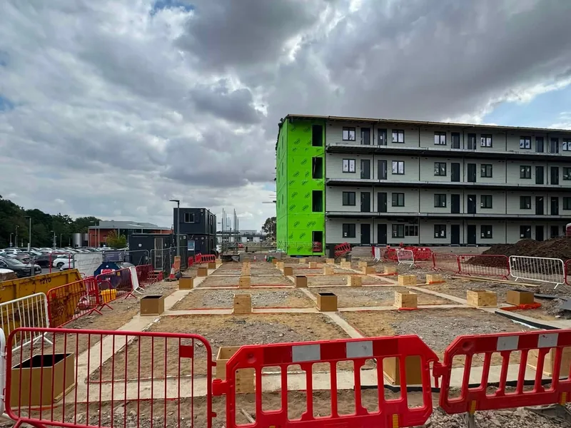 Four storey ZED Pod staff accommodation block standing at NHS Hinchingbrooke