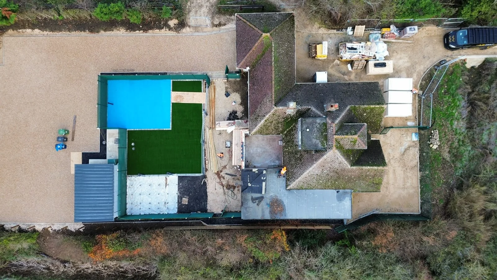 Overhead aerial view of the completed Four Winds site layout including the sports court