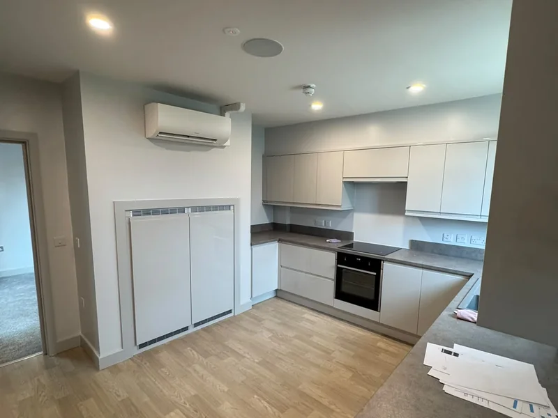 Completed kitchen and breakfast bar in the converted bungalow