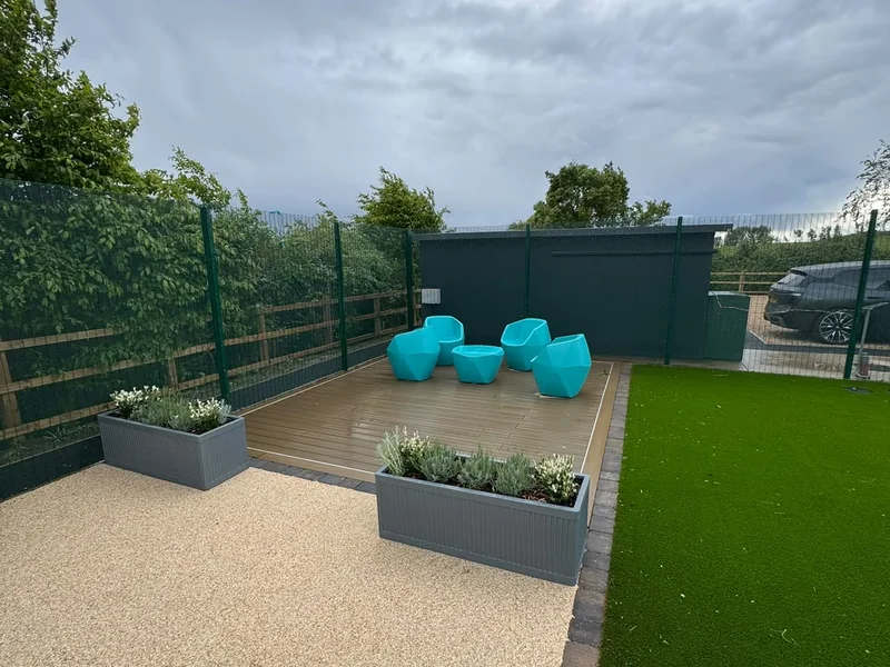 Completed external terrace, planters and artificial lawn