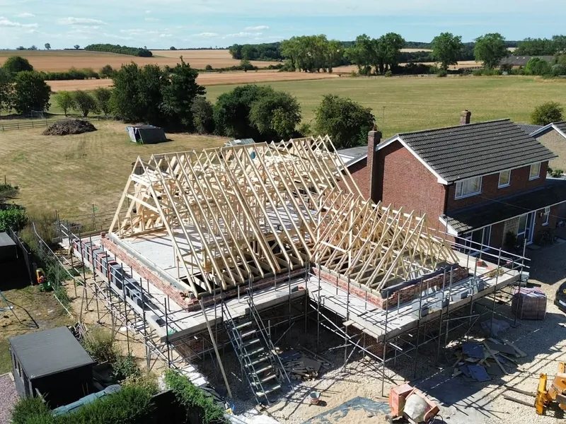 Attic trussed roof on a new three bedroom build in Rippingale, with open fields behind