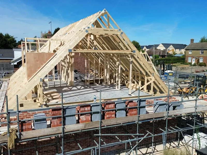 Attic trusses forming the room in the roof on the Rippingale build, seen from the front
