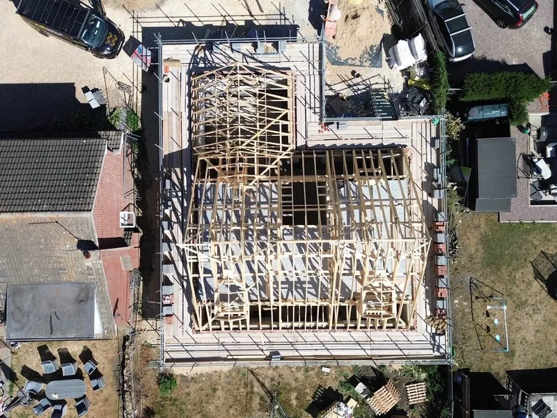 Overhead drone view of the attic truss set on the Rippingale house