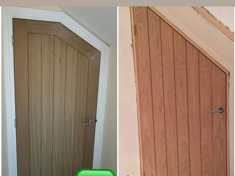 Bespoke oak cottage style door cut and hung to fit the angled opening under a staircase