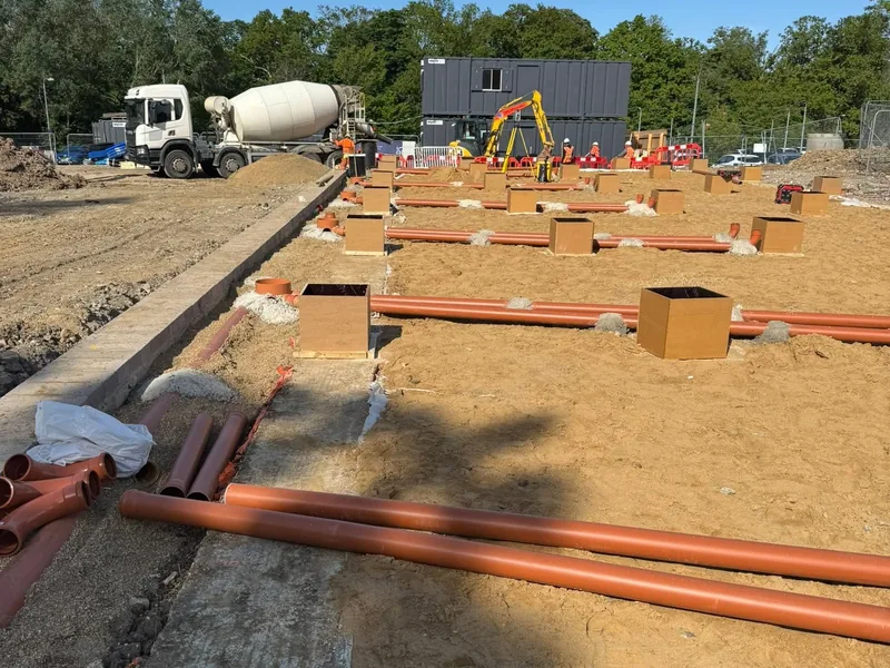 Shutter box being set out and braced on a groundworks package
