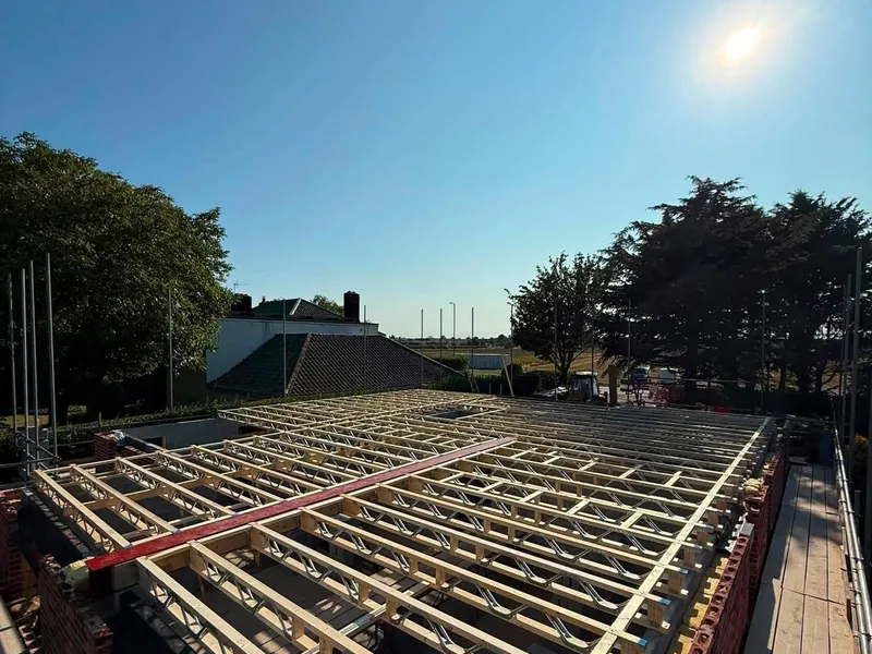 Engineered timber floor joists installed across a building ready for the floor decking